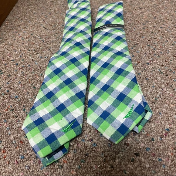 Lot Of 2 Nautica Men’s Neck Ties Plaid Green Skinny Cotton Spring Easter New - Picture 4 of 5